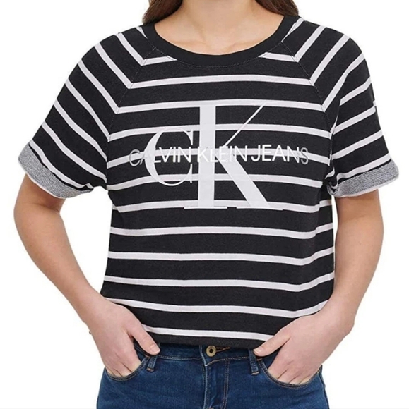 Calvin Klein Jeans Ladies' French Terry Crop Top T-shirt Size XL Black White - Picture 1 of 8